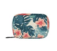 Amooorous Bolsa de medicina de estilo tropical con hojas verdes y flores rojas con compartimentos desmontables, organizador de pastillas portátil reutilizable para bolso