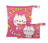 Amooorous Bolsa de pañales húmeda reutilizable con diseño de gato de dibujos animados "I Love Your Valentine", paquete de 2 artículos esenciales de viaje para bebé con asas para yoga, yoga