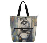 Amooorous Bolsa decorativa para libros para niños, niñas y adultos, diseño de mapache gris con dibujos animados que lee el periódico, bolsa de compras resistente para la escuela y la playa, bolsa de