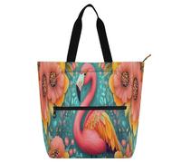 Amooorous - Bolsa decorativa para niños, mujeres y hombres, diseño plano de flores de flamenco, ligera, bolsa de hombro con cremallera para la escuela, compras, comestibles, tela arcoíris