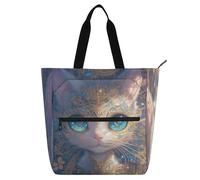 Amooorous - Bolsa decorativa para niños y niñas, mujeres, color blanco y dorado misterioso tribal gato resistente, bolsa de comestibles con cremallera para la escuela, compras, comestibles, arco iris