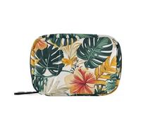 Amooorous Bolsa médica de estilo tropical con hojas verdes y flores rojas con compartimentos desmontables, práctico pastillero de viaje para bolso