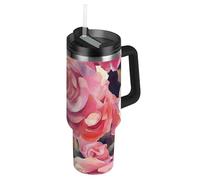 Amooorous Botella de agua con diseño de rosas de pintura al óleo, boca ancha, bonita botella de agua con tapa de popote, taza decorativa de viaje para café caliente, para escuela, deportes, guardería