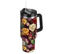 Amooorous Botella de agua reutilizable al vacío con pintura al óleo con flores retro, para niños, con pajilla, resistente a las fugas, decorativa, taza de café de 40 onzas para el hogar, la oficina o
