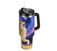 Amooorous Botellas de agua de boca ancha con diseño de perro husky siberiano bailando, con tapa a prueba de fugas y pajita, taza decorativa para el hogar, la oficina o el coche, vasos termicos para