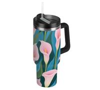 Amooorous Botellas de agua de primavera de boca ancha al vacío de lirio de cala rosa y azul con pajilla, resistente a fugas, taza de café grande decorativa para el hogar, la oficina o el coche, vasos