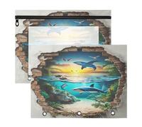 Amooorous Caja de lápices portátil de 3 agujeros para papel A4, carta, paquete de 2 unidades, suministros universitarios, agujero 3D, pared blanca, océano, tiburón