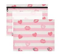Amooorous Carpeta para lápices, adorable carpeta de plástico para 3 anillas, paquete de 2 suministros universitarios para profesores, rayas rosas y blancas, corazón, labios, amor