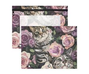 Amooorous Carpeta para lápices, resistente perforadora de 3 agujeros para carpetas de 3 anillas, paquete de 2 suministros escolares para estudiantes, gatos rodeados de rosas