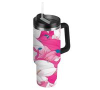 Amooorous Chic Vintage Calla Lily Hot Pink and White Vacuum Botella de agua aislada para niños con tapa y pajita, taza de viaje decorativa con asa para agua, té helado o café para café