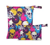 Amooorous Color Record Rock Skull - Bolsa húmeda reutilizable para bebé, paquete de 2 artículos esenciales de viaje para volar con asas para gimnasio, gimnasio