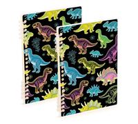 Amooorous Cuadernos escolares retro de los años 80 de tamaño A5, diseño de dinosaurios T-rex de neón de 8.3 x 5.7 pulgadas, resistente al desgaste, 60 hojas en espiral para trabajo y aula, paquete de