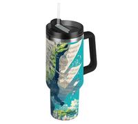 Amooorous Dinosaurio concierto surrealista Styleturquoise fondo reutilizable al vacío botella de agua de acero inoxidable para niños, tapa a prueba de fugas y pajita, taza de té decorativa para agua
