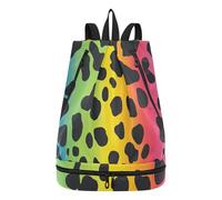Amooorous Elegante mochila deportiva con estampado de leopardo arcoíris y cordón ajustable para senderismo, natación, deportes, con compartimentos húmedos y secos para herramientas de trabajo
