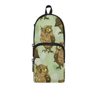 Amooorous Estuche de nailon con 3 compartimentos para niños, gran capacidad, con cremallera, con fondo verde claro con un montón de pequeños búhos marrones, bolsa de papelería para estudiantes,