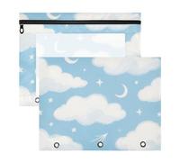 Amooorous Estuche portátil de 3 agujeros para cartas de papel A4, paquete de 2 unidades, almacenamiento de profesores, escuela, estudiantes, suministros para profesores, nubes de luna azul y blanca