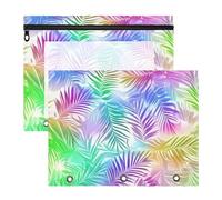 Amooorous Estuche transparente con ventana de 3 anillos para cartas de papel A4, paquete de 2 unidades, para estudiantes, estudiantes, profesores, suministros de arco iris, hojas tropicales