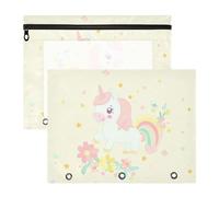 Amooorous Estuches transparentes con ventana de 3 agujeros para carpeta de 3 anillos, paquete de 2 unidades para profesores, regreso a clases, arcoíris, colores pastel, unicornios de ensueño