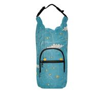 Amooorous Fondo de cuero vacuno azul con algunas nubes blancas y estrellas amarillas flotando encima y un conejo blanco debajo de la botella de agua, bolsa de agua aislada que ahorra espacio