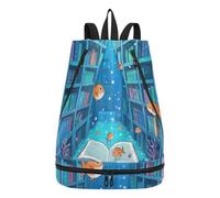Amooorous Funny Ocean Library Book Fish Blue - Bolsa de natación con cordón ajustable para mujer, bolsa de gimnasio con compartimentos húmedos y secos