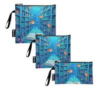 Amooorous Funny Ocean Library Book Fish Blue - Paquete de 3 bolsas reutilizables con cremallera, bolsas de almuerzo escolares multiusos para picnic, trabajo, viajes, oficina