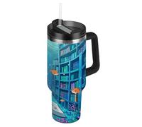 Amooorous Funny Ocean Library Book Fish Blue Vacuum Botellas de agua reutilizables de 40 onzas con tapa de pajita, taza de té decorativa de viaje para escuela, deportes, guardería, campamento y más