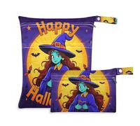 Amooorous Happy Halloween Cartoon Cute Witch - Bolsa seca lavable, paquete de 2 bolsas de pañales esenciales con asas para guardería, baño