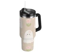 Amooorous Linda botella de agua de boca ancha al vacío con diseño de fantasmas blancos de dibujos animados, tapa a prueba de fugas y pajita, taza de café decorativa para hombres, para el hogar, la