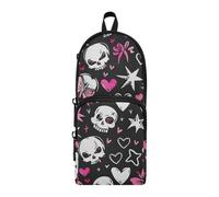 Amooorous Love You To Death Skull & Peach Heart Nylon 3 Compartimentos Teen Pencil Bag Estudio y Estuche multifuncional para adolescentes Escuela Papelería para Mujeres Oficina 1600ml