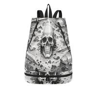 Amooorous Mochila vintage con cordón para hombre, diseño de calavera de guerra, color gris, para playa, natación, con compartimentos húmedos y secos, para laptop