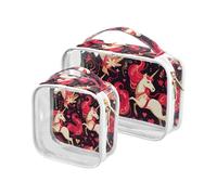 Amooorous Paquete de 2 bolsas de aseo colgantes transparentes con diseño de corazón de unicornios, aprobadas por la TSA, impermeables, bolsa de maquillaje para viajes, afeitado, maquillaje esencial,