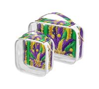 Amooorous Paquete de 2 bolsas de aseo de viaje decorativas transparentes para carnaval, Mardi Gras, color amarillo y morado, aprobadas por la TSA, bolsa de maquillaje transparente portátil para
