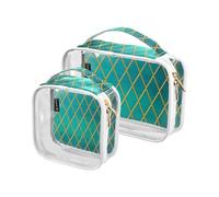 Amooorous Paquete de 2 bolsas de aseo decorativas transparentes para mujeres que viajan, aprobadas por la TSA, multifuncionales, grandes, para afeitar, maquillaje, paquete de 2 unidades, Cuadrícula