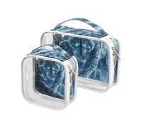 Amooorous Paquete de 2 bolsas de aseo transparentes decorativas transparentes con purpurina azul aprobadas por la TSA, bolsas resistentes al agua para mujeres y hombres, kit de afeitado, Lobo malvado
