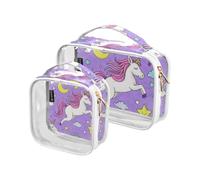 Amooorous Paquete de 2 bonitos unicornios de dibujos animados, estrella, morado, melocotón, transparente, bolsa de aseo decorativa, bolsa de cosméticos grande transparente aprobada por la TSA,