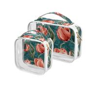 Amooorous Paquete de 2 elegantes flores de mar y bolsa de cosméticos decorativa transparente roja para mujeres viajeras aprobada por la TSA bolsa de cosméticos de viaje portátil esencial para un par