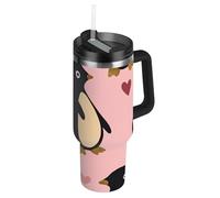 Amooorous Penguin Peach - Botella de agua de metal reutilizable al vacío para el día de San Valentín con tapa y pajita, taza de café decorativa de viaje con asa para el hogar, la oficina o el coche