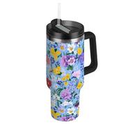 Amooorous Pintura al óleo con flores retro en azul botella de agua reutilizable al vacío para niños con pajilla, resistente a fugas, taza decorativa con tapa para agua, té helado o café termos para
