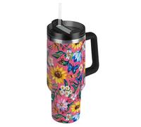 Amooorous Pintura al óleo con flores rosadas al vacío, botella de agua aislada de boca ancha con tapa de popote, taza de café decorativa de acero inoxidable para agua, té helado o café para café