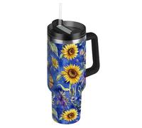 Amooorous Pintura al óleo con girasoles retro amarillos al vacío, botella de agua reutilizable de 40 onzas con popote y tapa con pajita, taza de café aislada decorativa para el hogar, la oficina o el