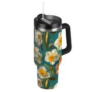 Amooorous Pintura al óleo con margaritas blancas al vacío, botella de agua de boca ancha portátil con tapa y pajita, taza de café decorativa para escuela, deportes, guardería, campamento y más termos