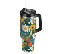 Amooorous Pintura al óleo con margaritas blancas al vacío, botellas de agua de manantial reutilizables con tapa y pajita, taza decorativa con tapa para agua, té helado o café, vaso de aluminio para