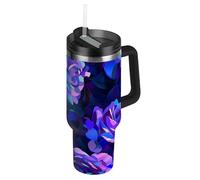 Amooorous Rosas abstractas moradas y azules en el estilo del cubismo, pintura detallada con un fondo oscuro que muestra un patrón floral en colores vibrantes, altamente detallado con ricos trazos de