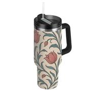 Amooorous William Morris - Botella de agua grande de boca ancha con tapa y pajita, diseño de flores, taza de café decorativa de acero inoxidable para el hogar, la oficina o el coche, vaso de aluminio