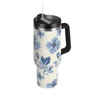 Amooorous William Morris Style Cat Paw Baby Blue Botella de agua de acero inoxidable reutilizable al vacío para niños con tapa de pajita, taza decorativa de campamento para agua, té helado o café