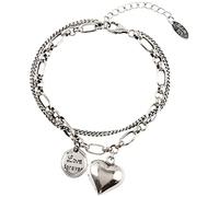 Amor Corazón Redondo Pieza Doble Capa Novias Pulsera de Plata 925 Diseño Femenino Sensación Vintage Personalidad Cordón Regalo Joyería Vintage, talla única, Plata, No es una piedra preciosa