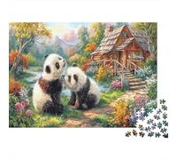 Amor de Panda Rompecabezas clásico de cartón de Dos Pandas Junto a cabaña en el Bosque, Actividad Relajante para Toda la Familia 70x50cm/1000 Piezas