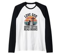 Amor Dios Beber Café Leer Libros Christian Retro Reading Camiseta Manga Raglan