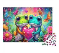 Amor Ranas Rompecabezas de Papel Grueso de Dos Ranas sosteniendo un corazón Entre Flores, Actividad Relajante interactiva 70x50cm/1000 Piezas