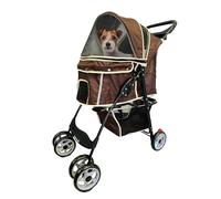 AmorosO Cochecito de 4 ruedas para mascotas | Cochecito portátil para perros pequeños y medianos | Transportador plegable para cachorros impermeable con cesta de almacenamiento (marrón/blanco)